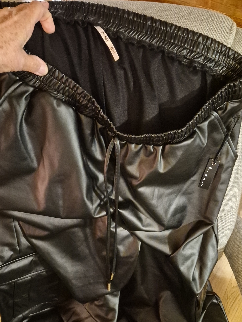 Black Faux Leather Jogger Pants with Drawstring